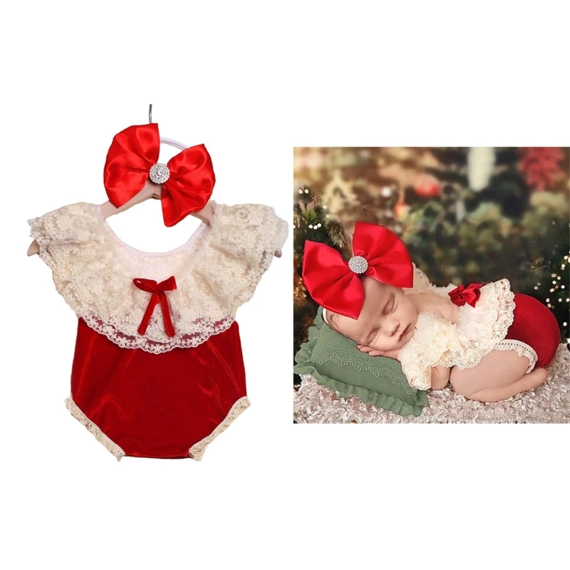 

Костюм для фотосессии для маленьких девочек, кружевной комбинезон, Рождественский костюм для новорожденных, цельный комбинезон с