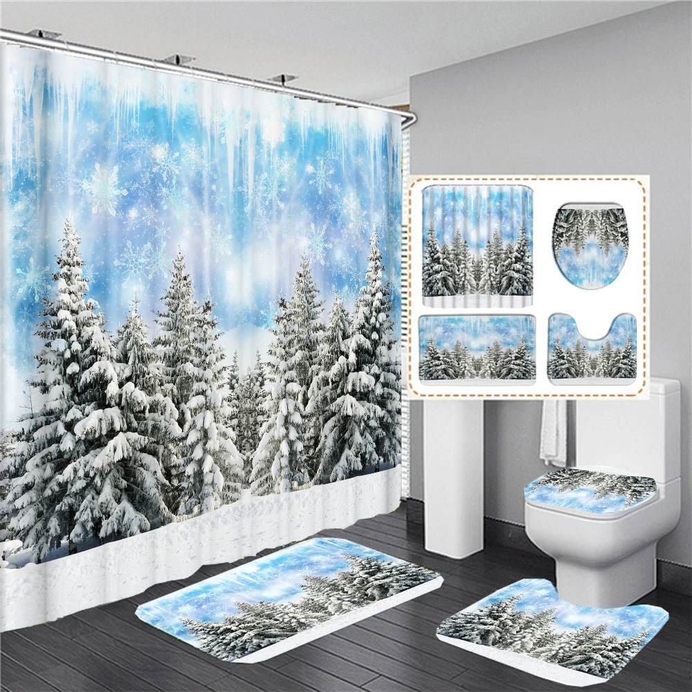

Trees Snowscape Scenery Christmas Shower Curtain Sets Non-Slip Rugs Toilet Lid Cover and Bath Mat Waterproof Bathroom Curtains