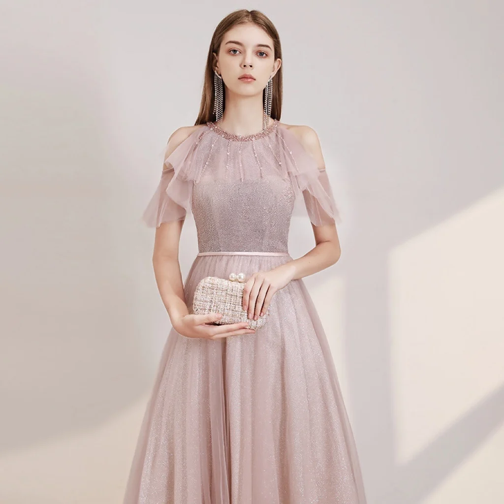 Shiny Pink Evening Dress Halter A Line Lace Up Ruffle Sleeve Tulle Backless Beading Sequined Wedding Graduation Party Prom Gowns
Shiny Pink Evening Dress Halter A Line Lace Up Ruffle Sleeve Tulle Backless Beading Sequined Wedding Graduation Party Prom Gowns