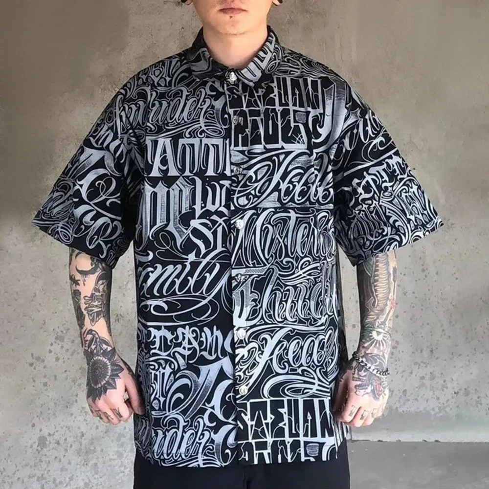 

2024 New Summer Casual Shirt American High Street Chicano Tatoo Graffiti Short-Sleeved Top Loose Fashion Streetwear Shirt