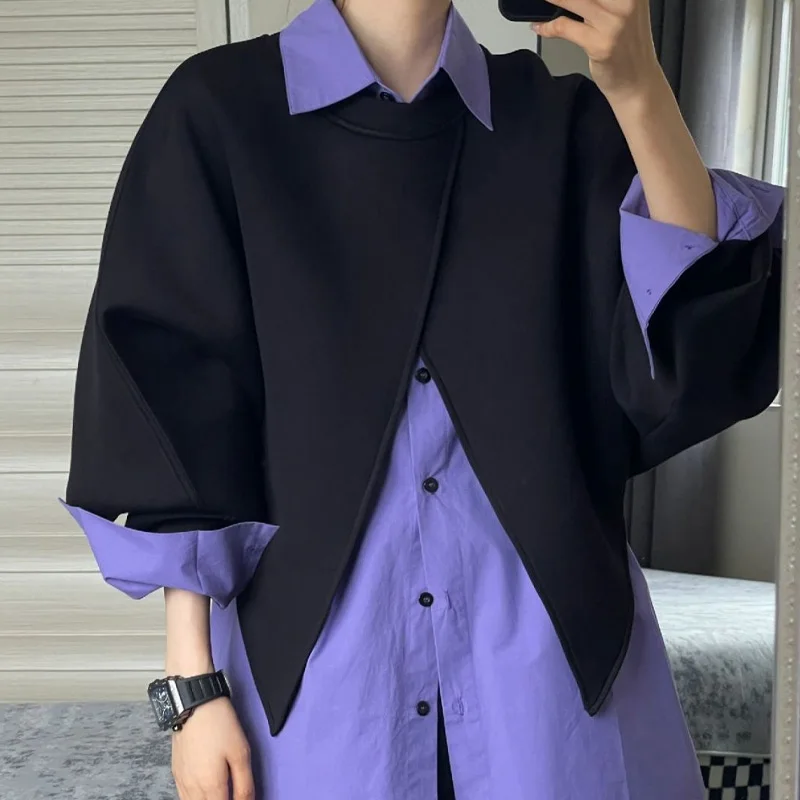 

Buttons Patchwork Solid Turn-down Collar Blouses Long Sleeve Two-piece Suit Streetwear Casual Fashion Loose Women's Clothing