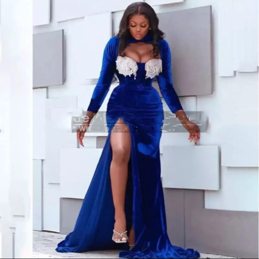Sevintage Royal Blue Mermaid Velvet Evening Dresses Long Sleeves Prom Gowns 2022 Ivory Lace High Slit Women Wedding Party Dress
Sevintage Royal Blue Mermaid Velvet Evening Dresses Long Sleeves Prom Gowns 2022 Ivory Lace High Slit Women Wedding Party Dress