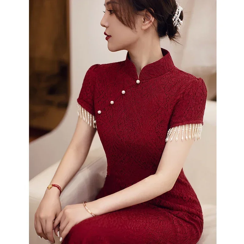 

Элегантное Красное Кружевное длинное платье-Ципао с воротником-стойкой и жемчужинами, женское традиционное китайское вечернее платье на день рождения, Рождество, Qipao