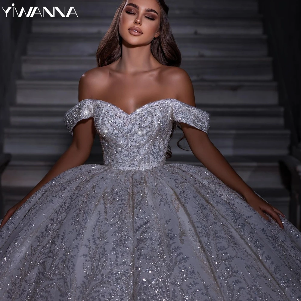 

Graceful Off The Shoulder Bridal Dress Sparkly Sequins Beads Wedding Gown 2024 Luxury Ball Gown Long Bride Robe Vestido De Novia