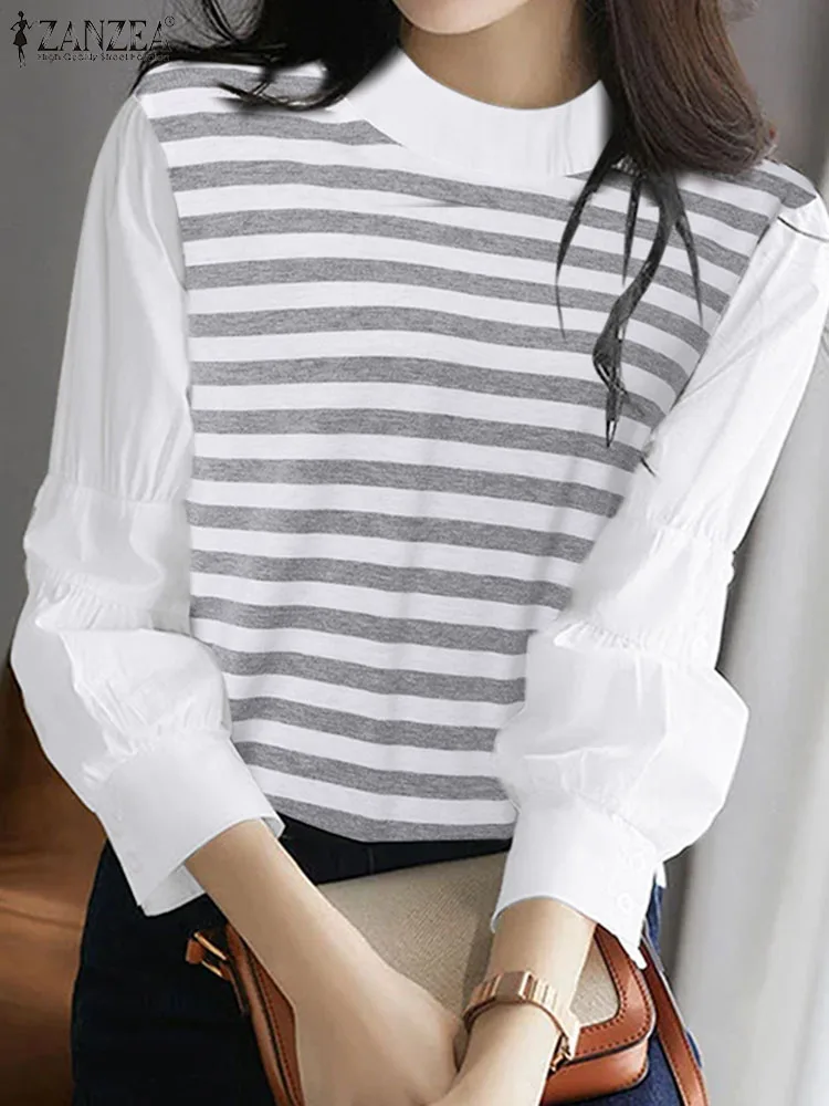 

ZANZEA Women Round Neck Stripes Tops Patchwork Blouse Fashion Shirt 2024 Spring Casual Long Sleeve Blusas Korean Office Tunics