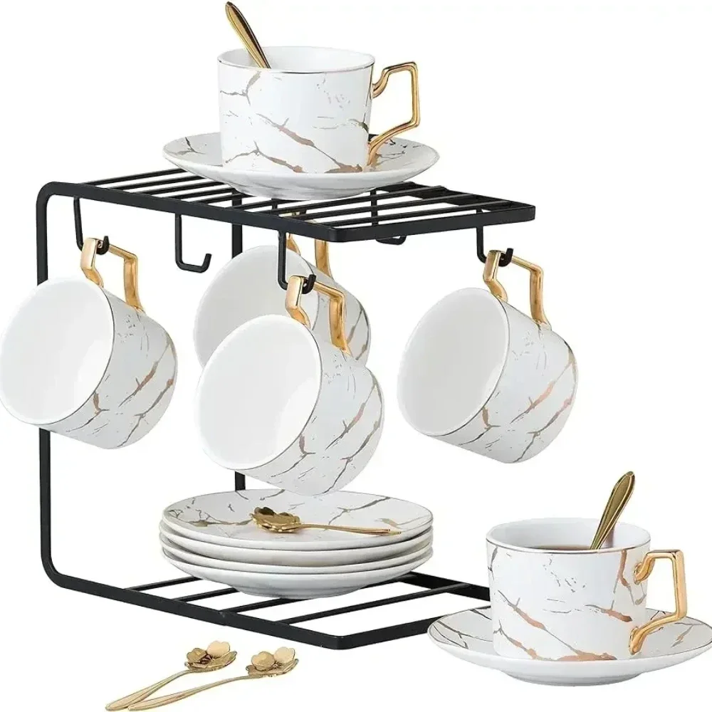 CLAY TONIC Claytonic 6-Hand Printed Golden Marble Matte Black Ceramic Tea Coffee/Tea Cups with Spoons and Cup Holder,
CLAY TONIC Claytonic 6-Hand Printed Golden Marble Matte Black Ceramic Tea Coffee/Tea Cups with Spoons and Cup Holder,