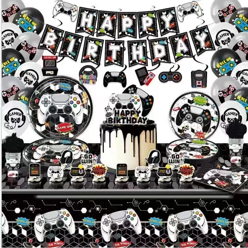 

Black White Game On Theme Decoration Kid Birthday Disposable Tableware Cup Plate Tablecloth Banner Balloon Cake Topper Supplies