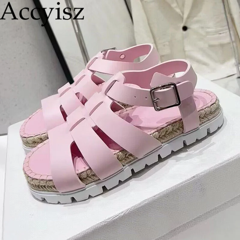 New Knitted Thick Sole Round Toe Ankle Buckle Casual Sandals Summer Solid Beach Vacation Versatile Fashion Flat Shoes 2023 
New Knitted Thick Sole Round Toe Ankle Buckle Casual Sandals Summer Solid Beach Vacation Versatile Fashion Flat Shoes 2023