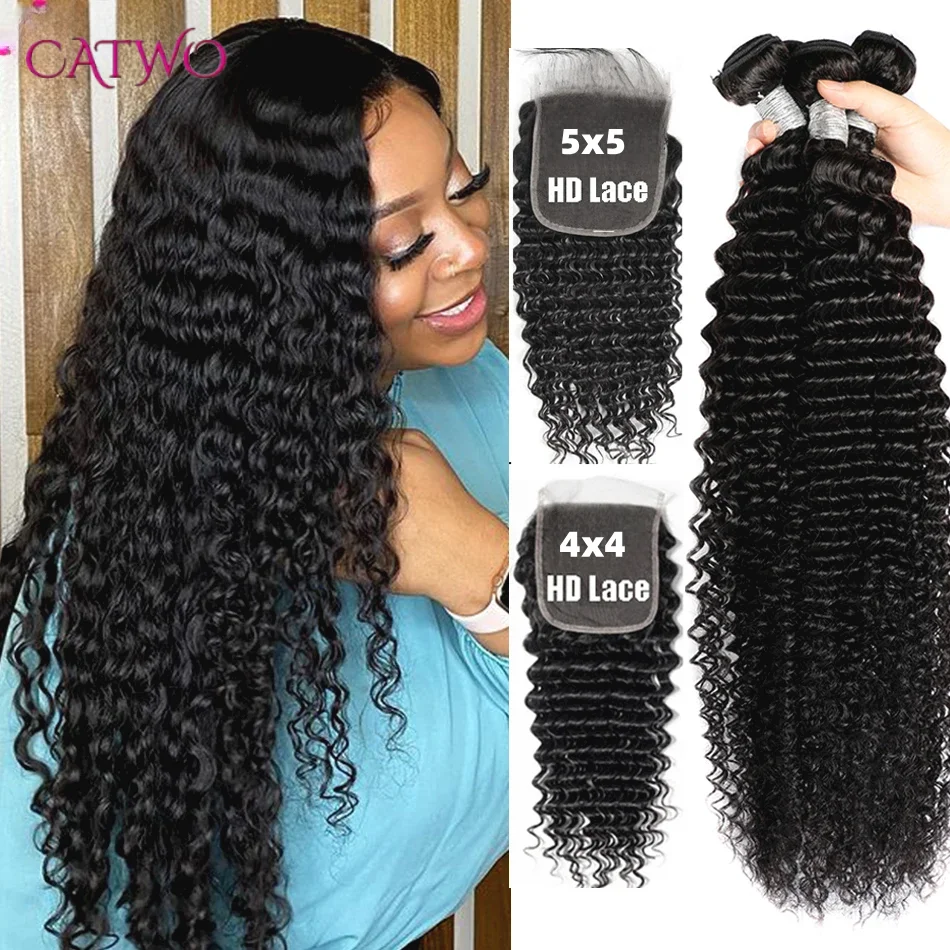 

CATWO 4x4 Lace Closure With Bundles Deep Wave Bundles With Closure Brazilian Remy Curly Hair Weave Bundles With 5x5 LaceClosure