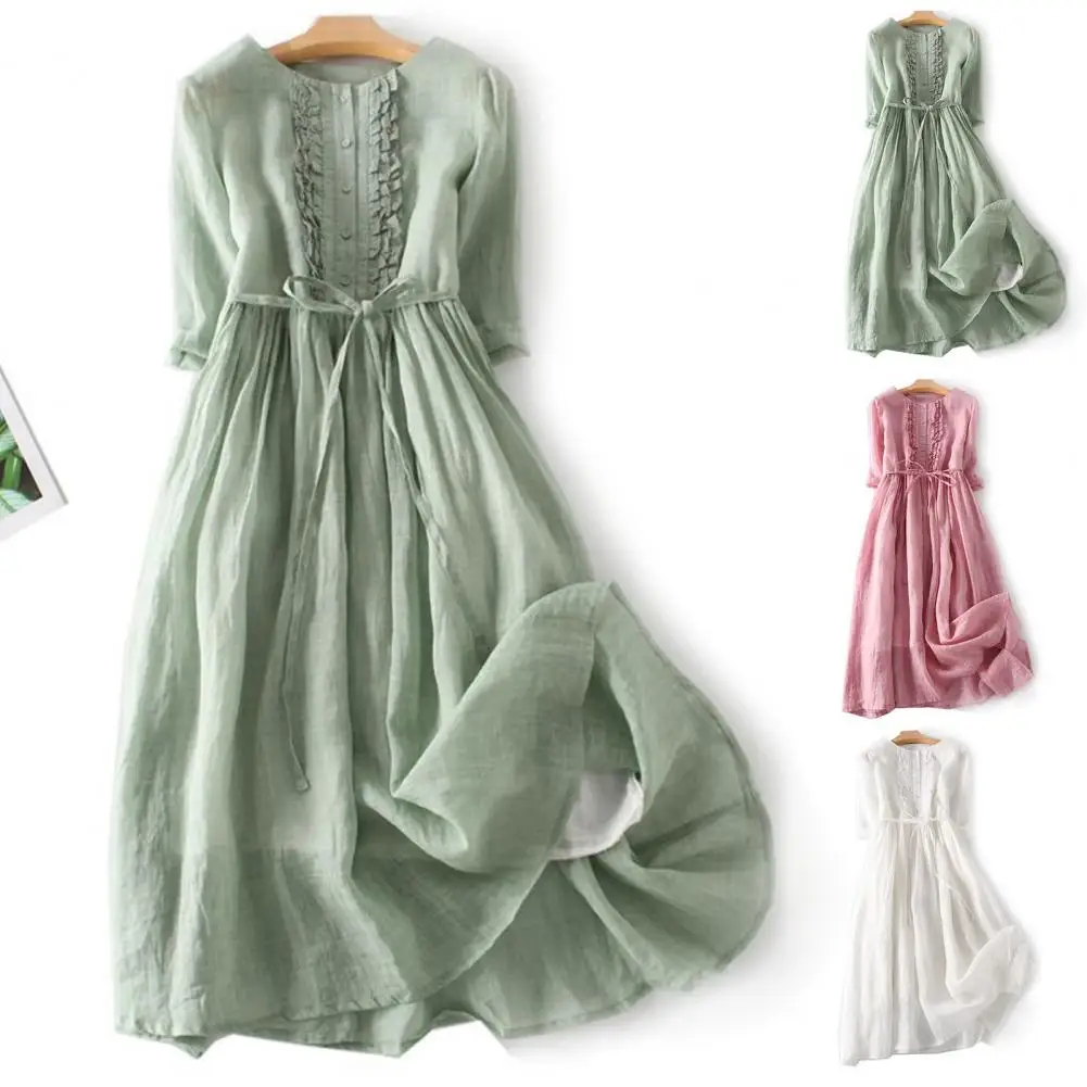 Women Round Neck Dress Elegant Retro Double-layer Midi Dress with Pleated Sleeves Shirring Detail for Vacation Beach or Date
Women Round Neck Dress Elegant Retro Double-layer Midi Dress with Pleated Sleeves Shirring Detail for Vacation Beach or Date