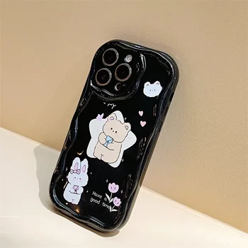 Cute Cartoon Rabbit Bear Star Love Heart Smiley Face Black Phone Case For iPhone 14 13 11 12 Pro Max MINI 8 Plus XS XR Bow Cover