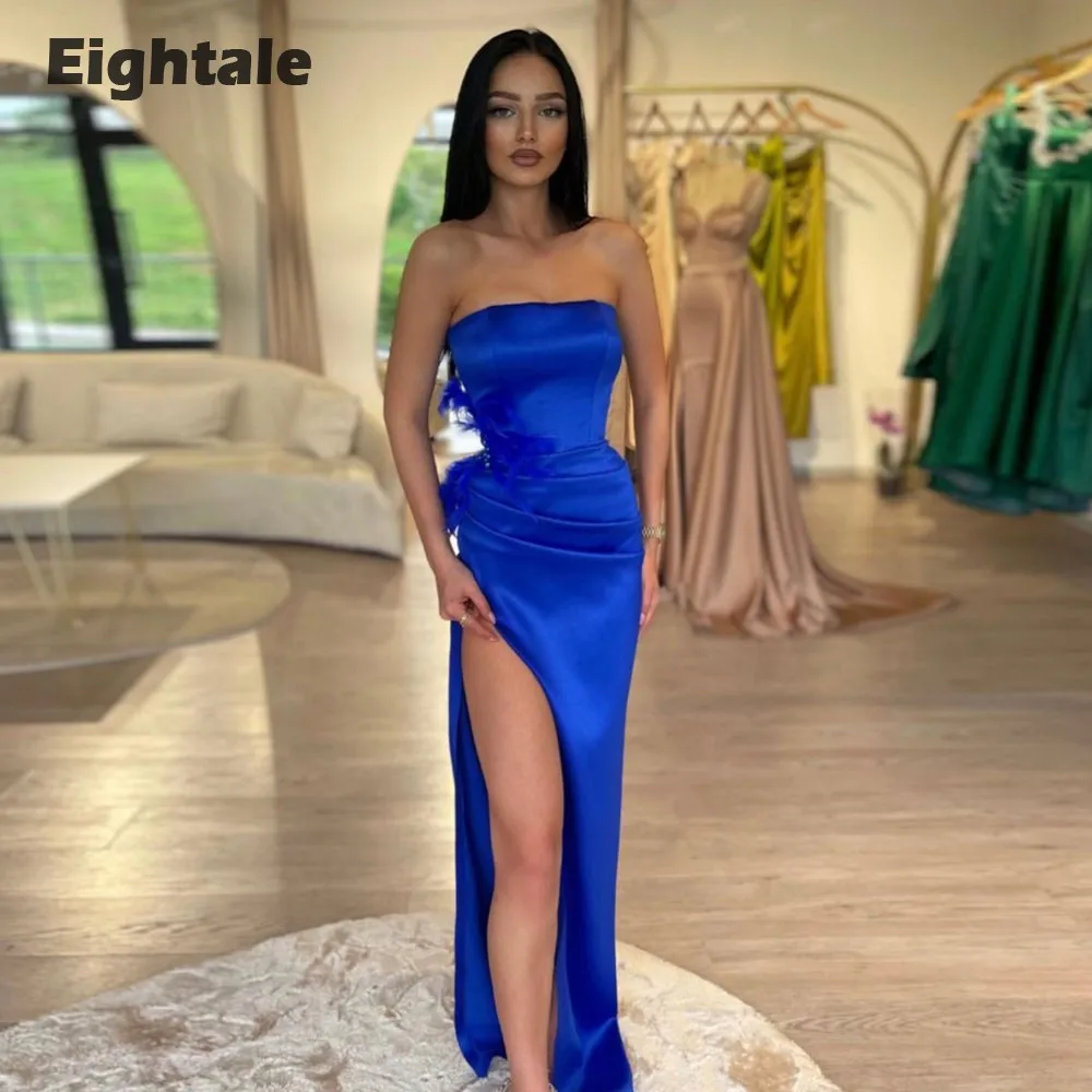 

Eightale Royal Blue Evening Dress Satin Formal Mermaid Side Slit Strapless Feather Arabic Prom Party Gowns robe de soirée femme