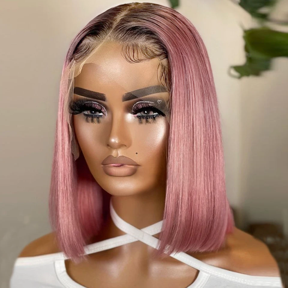 

Straight Ombre Pink Bob Wig Lace Front Human Hair Wigs For Women Short Bob Transparent Lace Wig Bleached Knots Pre Plucked