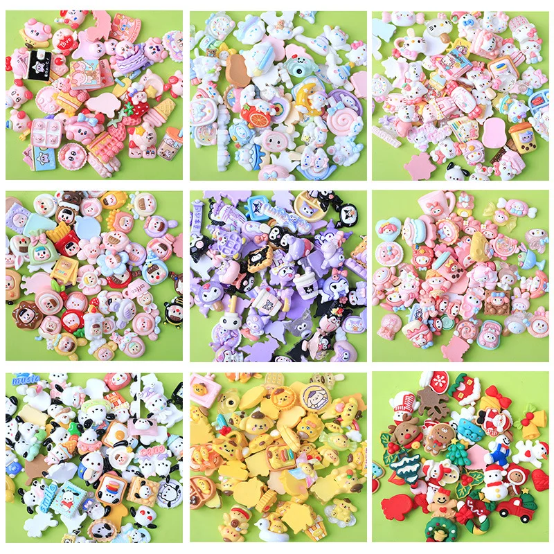 

10Pcs Sanrio Accessories Korean Cartoon Kawaii Hellokitty Kuromi Mymelody Resin Diy Decoration Cute Girl Phone Case Headwear