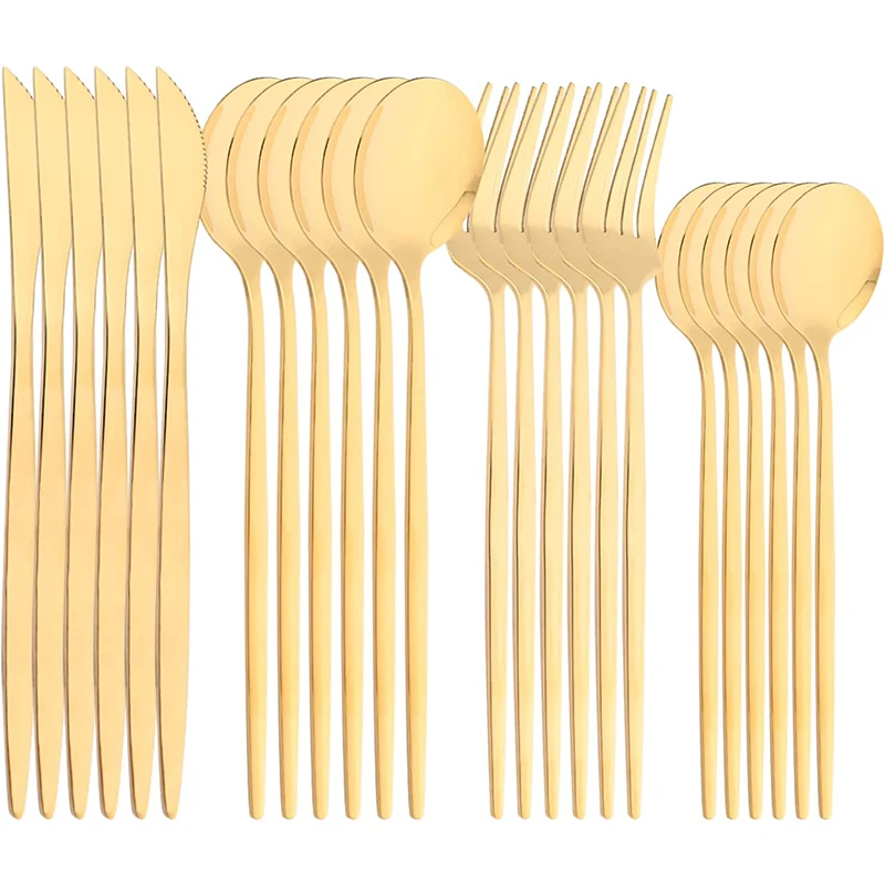 

24pcs Upscale Gold Dinnerware Set Stainless Steel Tableware Set Knife Fork Coffee Spoon Flatware Set Dishwasher Safe Cutlery Set