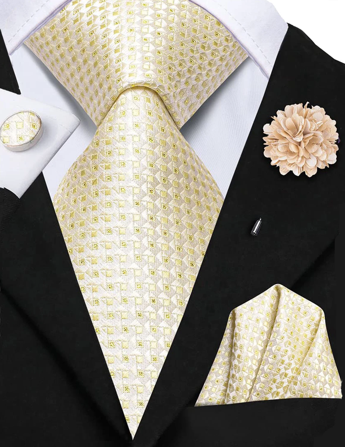 

Tie With Brooch Light Champagne Plaid Silk Elegent Necktie For Men Handky Cufflink Fashion Wedding Business Party Hi-Tie Design