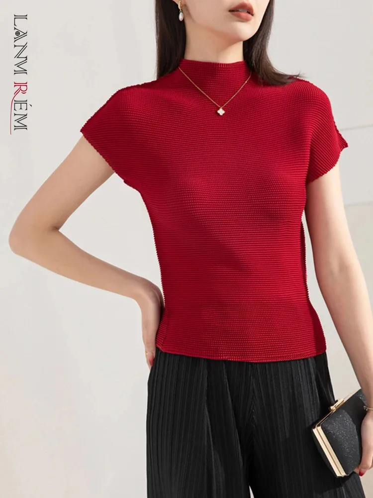 

LANMREM Pleated T-shirt Women Turtleneck Short Sleeves Solid Color Thin Slim Top Female Simple Clothes 2024 Summer New 2DA3998