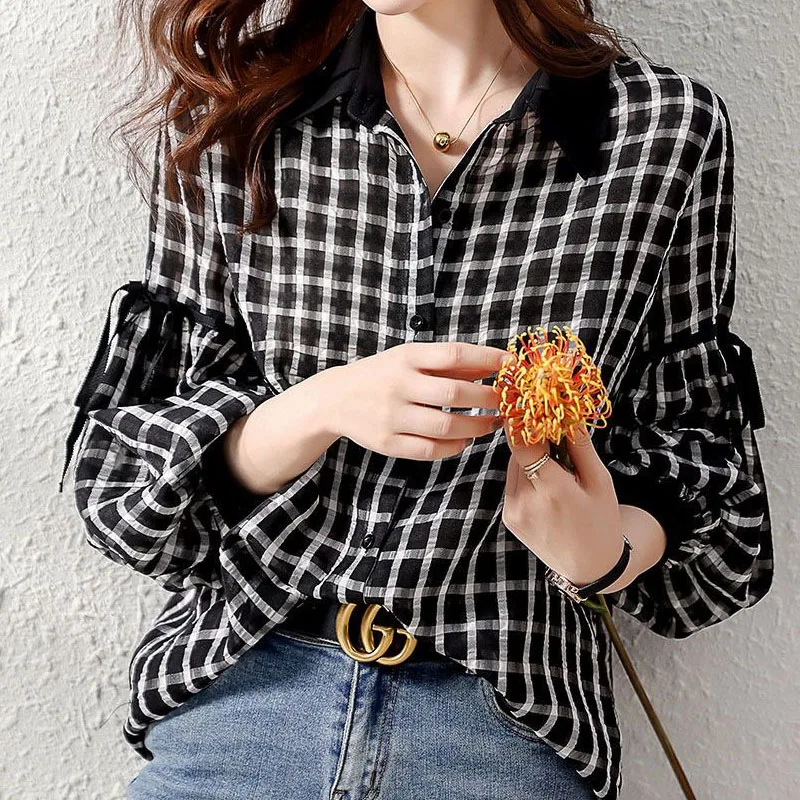 Check Print Autumn New Spliced Turn-down Collar Women's Clothing Lantern Sleeve Single Breasted Korean Grace Lace-up Bow Ladies
Check Print Autumn New Spliced Turn-down Collar Women's Clothing Lantern Sleeve Single Breasted Korean Grace Lace-up Bow Ladies
