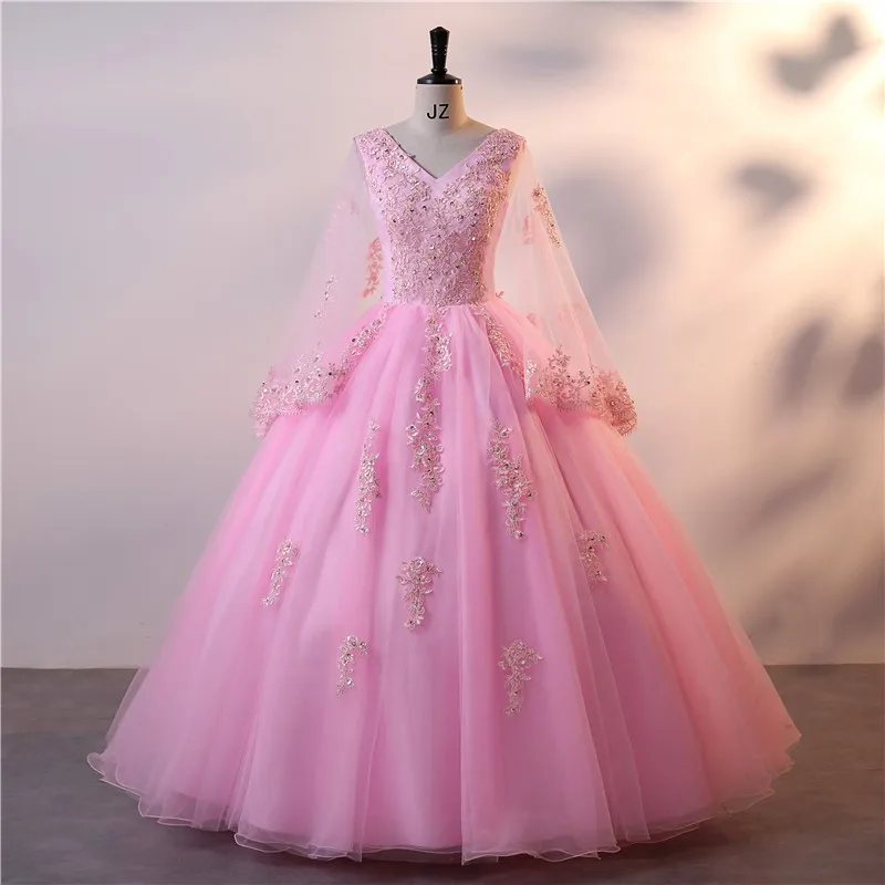 

New Vestidos Pink Bat Sleeve Quinceanera Dress Elegant V-neck Ball Gown Classic Lace Party Dress 11 Colors Customize Robe De Bal