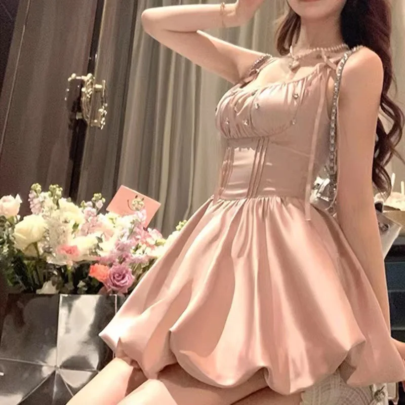 Sweet Elegant Pink Fishbone Suspender Dress for Women's Summer High Waist Lace Up Backless Party Dress Bud Short Bubble Dresses
Sweet Elegant Pink Fishbone Suspender Dress for Women's Summer High Waist Lace Up Backless Party Dress Bud Short Bubble Dresses