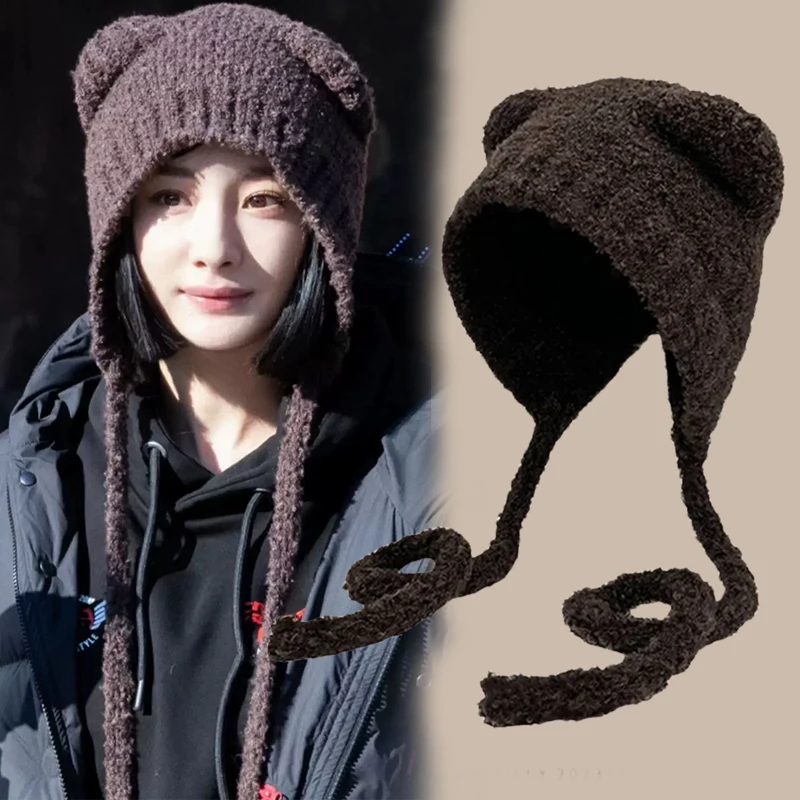 

Cute Bear Ear Knitted Wool Hat Autumn and Winter Warm Versatile Lace-up Ear Protection Bomber Cap Bonnets for Women Gorros