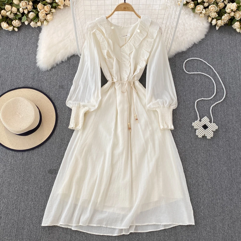 

Spring Gentle Wind Retro Long-sleeved V-neck Ruffle Edge Waist-slimming Medium-length Section a Word Big Swing Dress