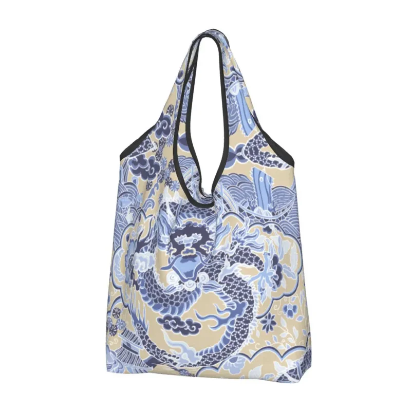 

Reusable Imperial Dragon Blue Chinoiserie Shopping Women Tote Bag Portable Tradition Asian Mythology Grocery Shopper Bags