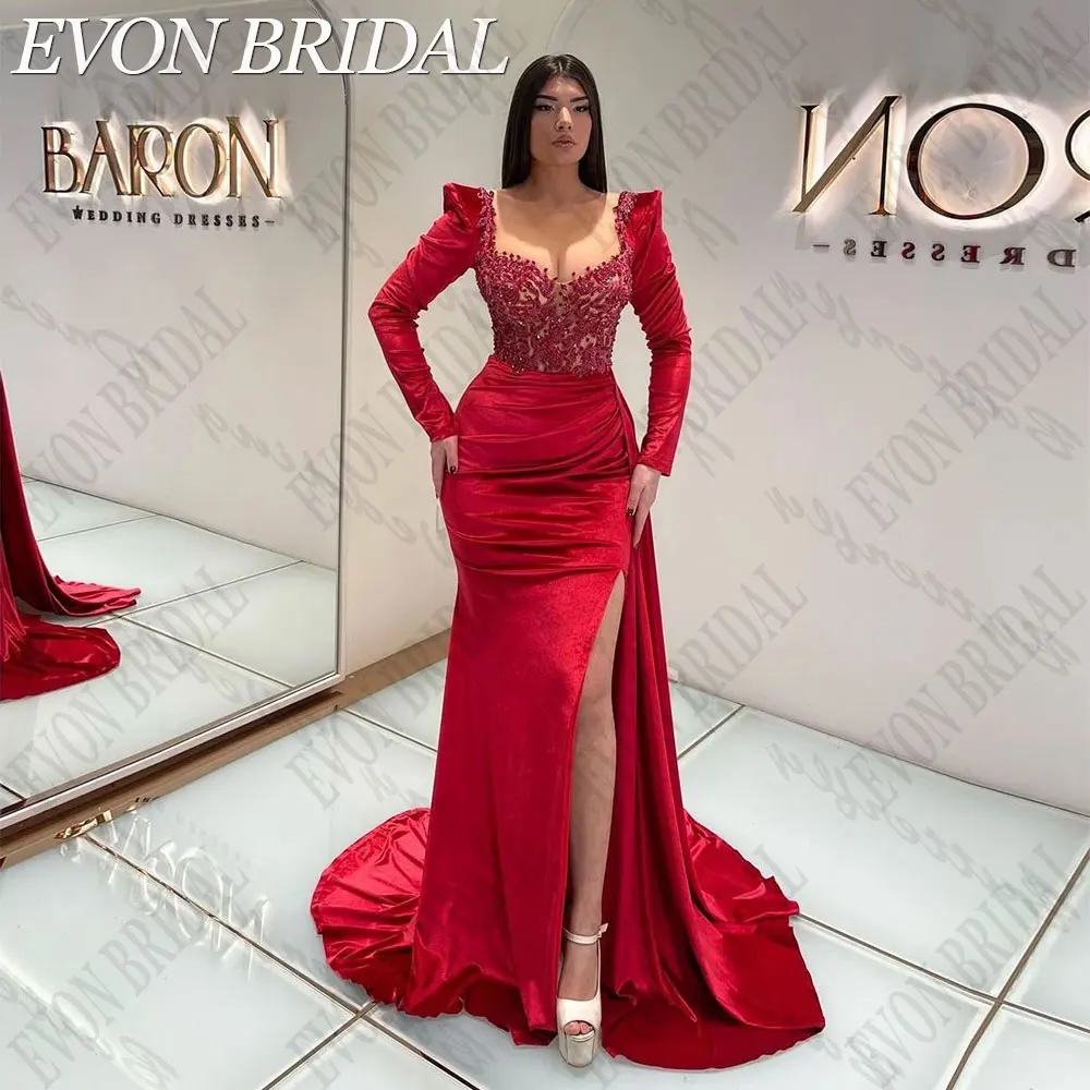 EVON BRIDAL Red Satin Mermaid Prom Gowns Appliques Sequined Evening Party Dresses Full Sleeves Side Split vestidos de gala 2024
EVON BRIDAL Red Satin Mermaid Prom Gowns Appliques Sequined Evening Party Dresses Full Sleeves Side Split vestidos de gala 2024