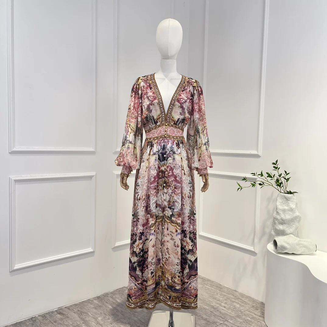 Top Quality Pure Silk 2023 Spring Summer Pink Flower Printing Deep-v Neck Lantern Sleeve High Waist Court Style Midi Dress Lady
Top Quality Pure Silk 2023 Spring Summer Pink Flower Printing Deep-v Neck Lantern Sleeve High Waist Court Style Midi Dress Lady