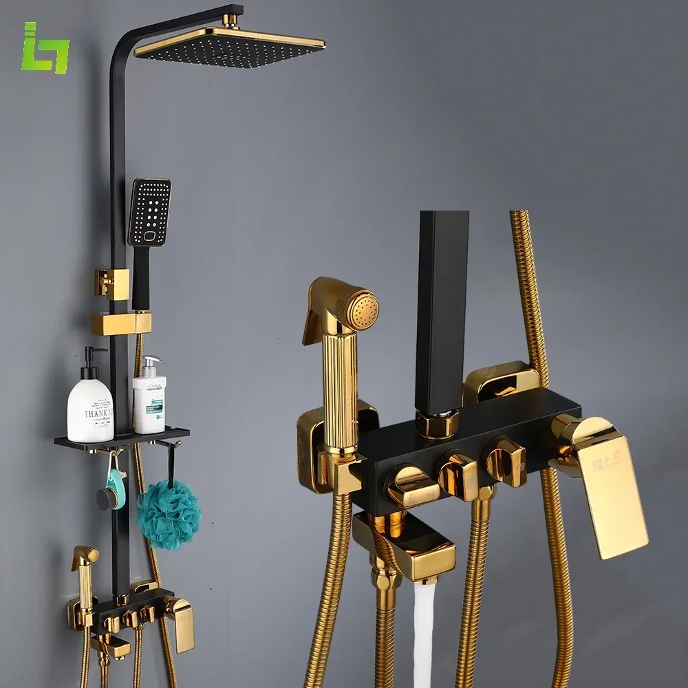

Black Gold Shower Faucet Set Rainfall High Quality Bathroom Mixer Tap Bathtub 4-way with Bidet and Shelf