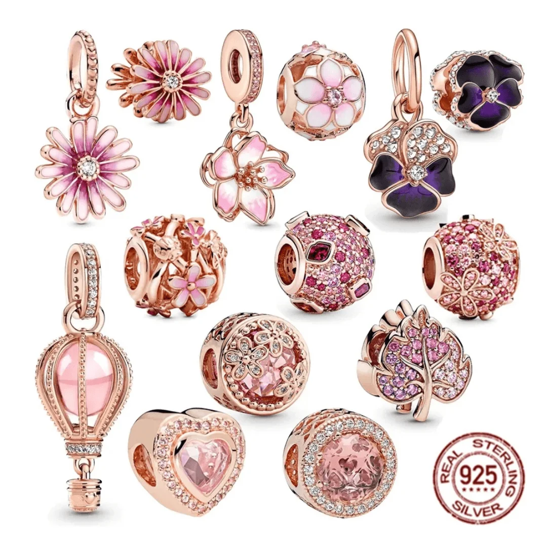 

Pandora Sparkling Pink Daisy Flower & Cherry Blossom Dangle Charms Beads 925 Sterling Silver Fit Original Bracelet Women Jewelry