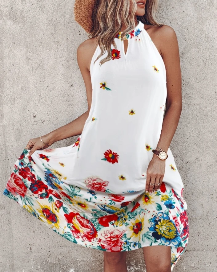 

Women's Dress Summer Daily Vacation Floral Print Hollow-out Keyhole Neck Tied Detail Sleeveless Casual Straight Midi Dress