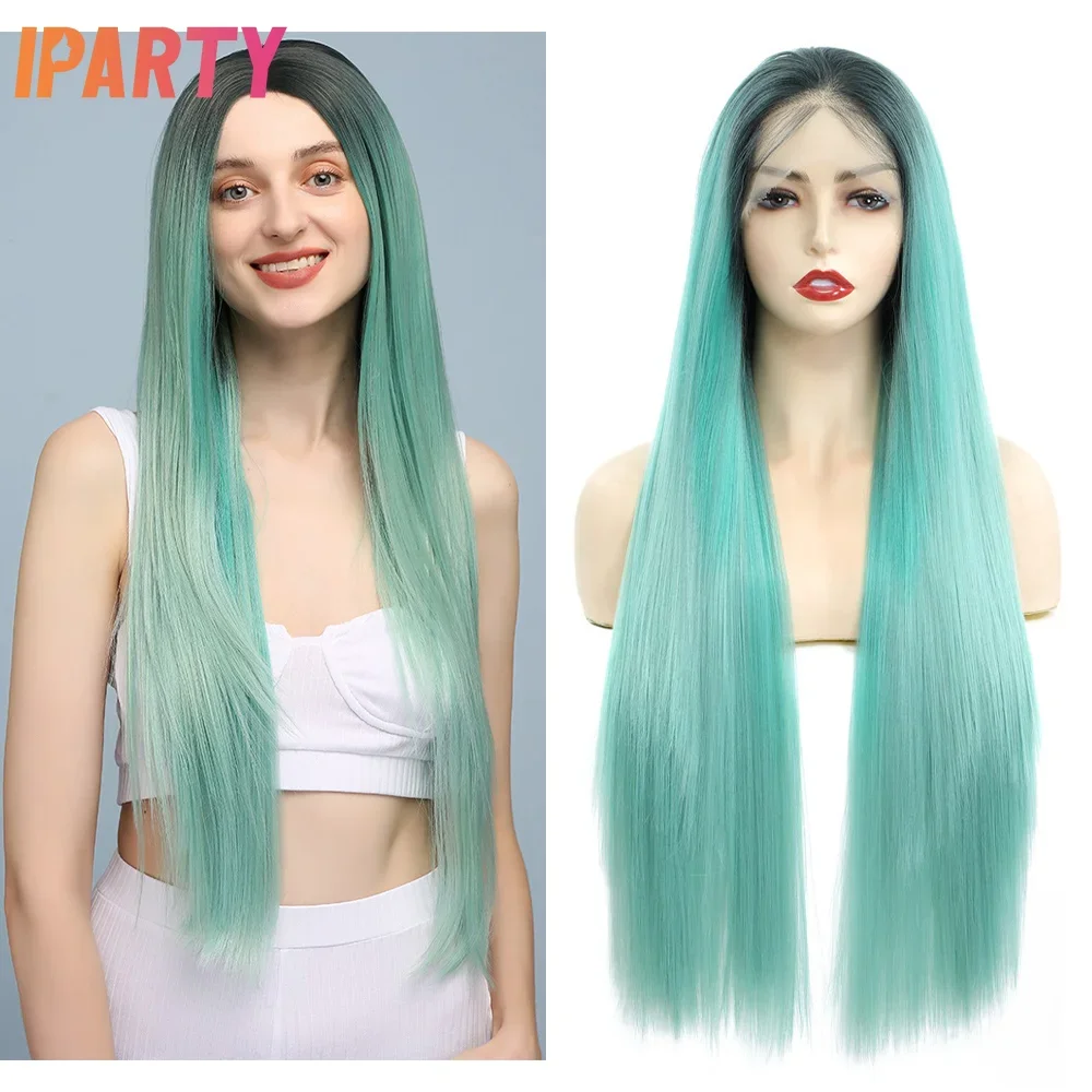 

Synthetic 13×4 Lace Long Straight Wig 29 Inches Turquoise Green Color Free Part Heat Resistant Wigs For Women Multi Color Daily