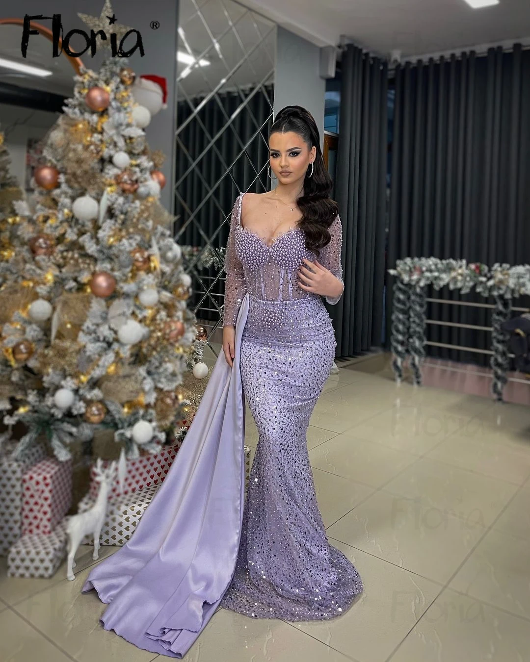 

Long Sleeve Full Pearls Purple Formal Occasion Dresses Side Train Sparkly Mermaid Robe de Mariée 2024 Arabic Vestidos De Fiesta