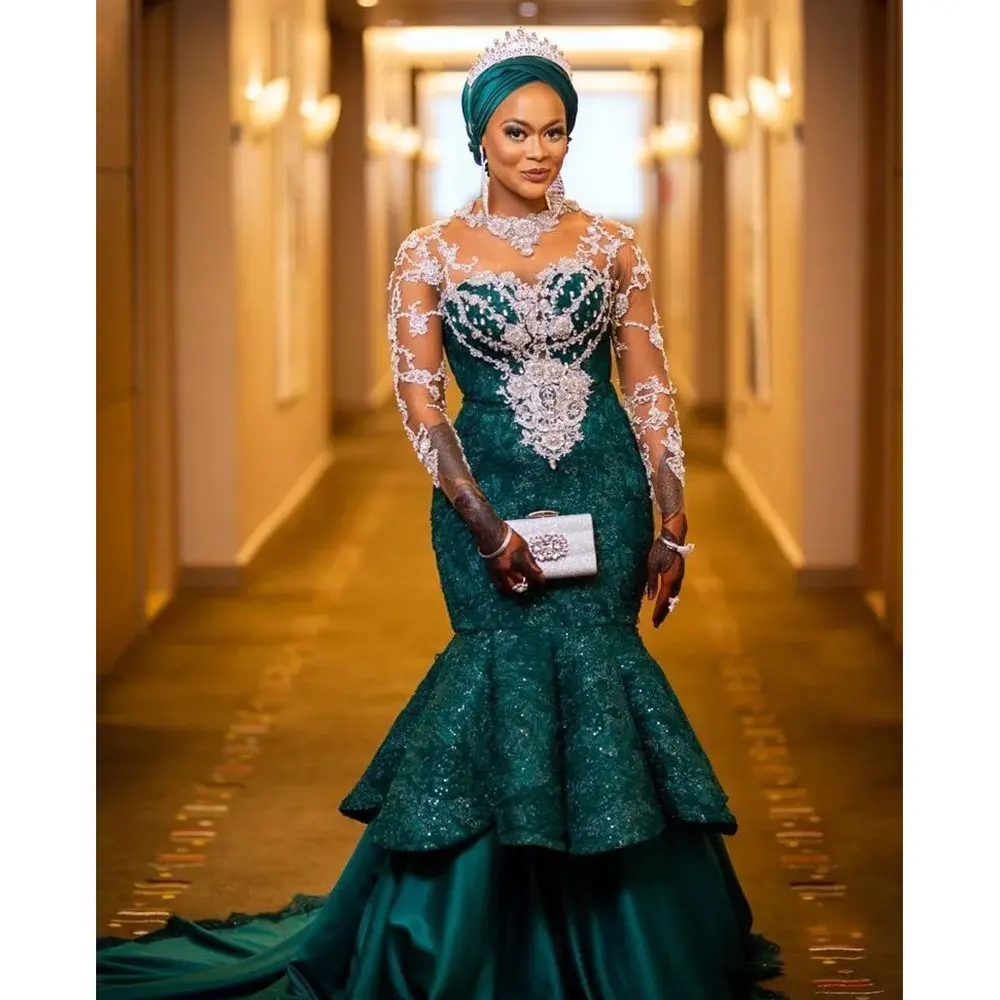

Traditional Nigerian African Mermaid Evening Dresses Aso Ebi Green Lace Applique Beaded Long Sleeve Prom Party Reception Gowns