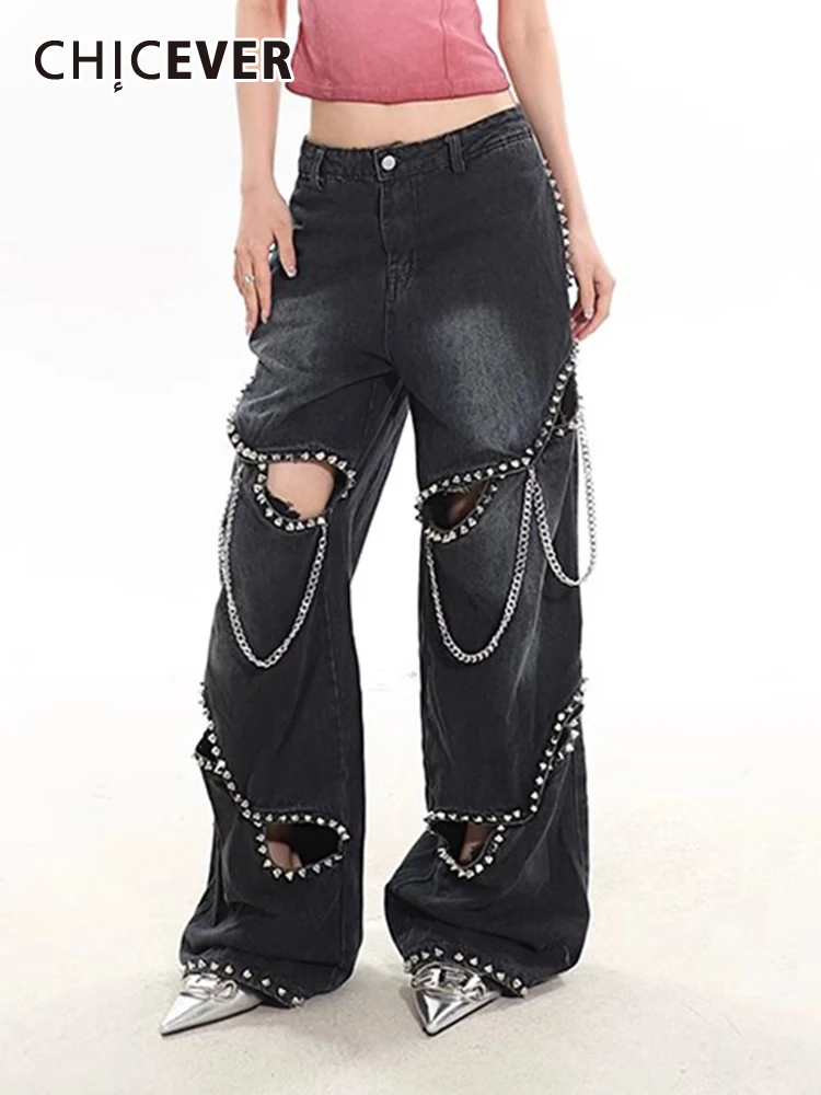 

CHICEVER Patchwork Chain Jeans For Women High Waist Spliced Pockets Hollow Out Hit Color Spring Streetwear Pants Female 2024 New