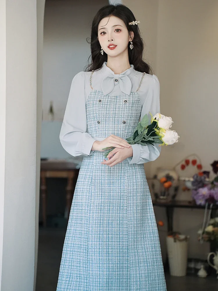 

French Retro Long Sleeve Dresses for Women Blue Bow Plaid Patchwork Fashion Vestidos Mujer Casual Autumn Elegant Dress Sweet