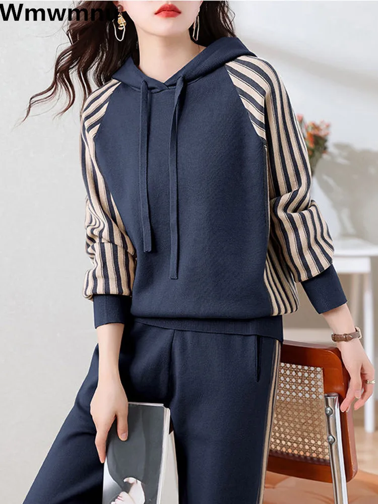 

Casual Striped Hooded Sweatshirt Two Piece Set Fall Fashion Drawstring Tops Tracksuit Baggy Running Wear Jogger Pants Conjuntos