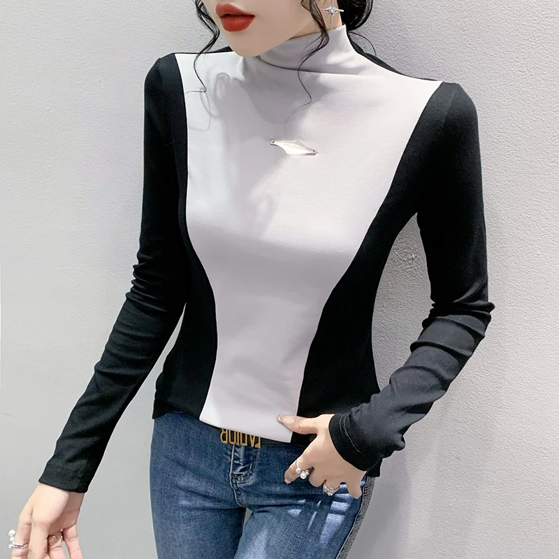 

Fall Winter European Clothes Causal T-Shirt Chic Sexy Patchwork Color Blocking Women's Long Sleeve Tops Slim 2022 New Tees 0150