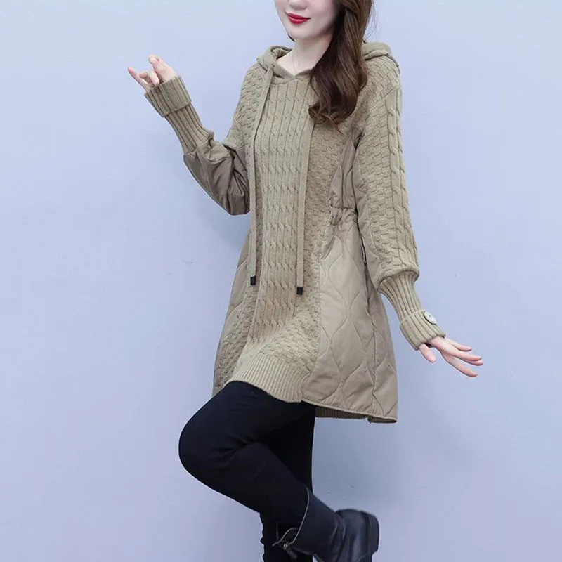 Autumn Winter Splicing Sweater Women Jacket Long Sleeves Hooded Loose Knitted Sweater Coat Female Thicken Warm Outerwear 2023
Autumn Winter Splicing Sweater Women Jacket Long Sleeves Hooded Loose Knitted Sweater Coat Female Thicken Warm Outerwear 2023