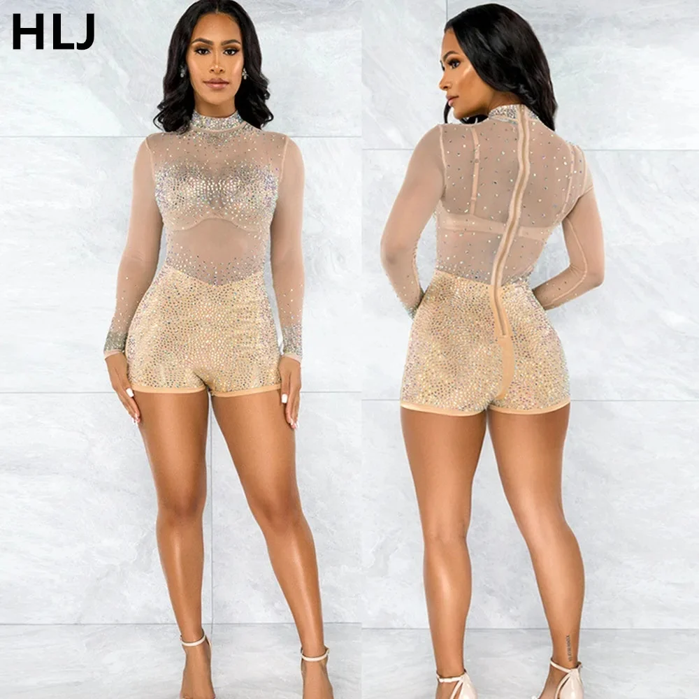 

HLJ Sexy Mesh Perspective Rhinestone Bodycon Rompers Women Round Neck Long Sleeve Slim Jumpsuit Fashion Party Nightclub Overalls