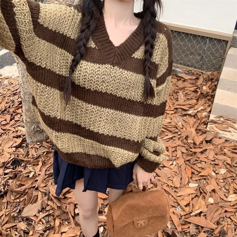 Women New Casual Age Reducing Loose Relaxed Gentle Shoulder Drop Lazy V-neck Long Sleeve Pullover Striped Mohair Knitted Sweater
Women New Casual Age Reducing Loose Relaxed Gentle Shoulder Drop Lazy V-neck Long Sleeve Pullover Striped Mohair Knitted Sweater