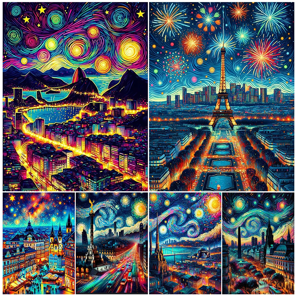 

Magical City Building Night View Starry Sky Poster Wall Art Canvas Painting Home Decor Wall Pictures For Living Room Unframed