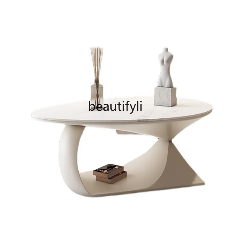

Роскошный Простой кремовый стильный кофейный столик с каменной тарелкой для маленькой квартиры гостиной дома Овальный современный кофейный столик из массива дерева