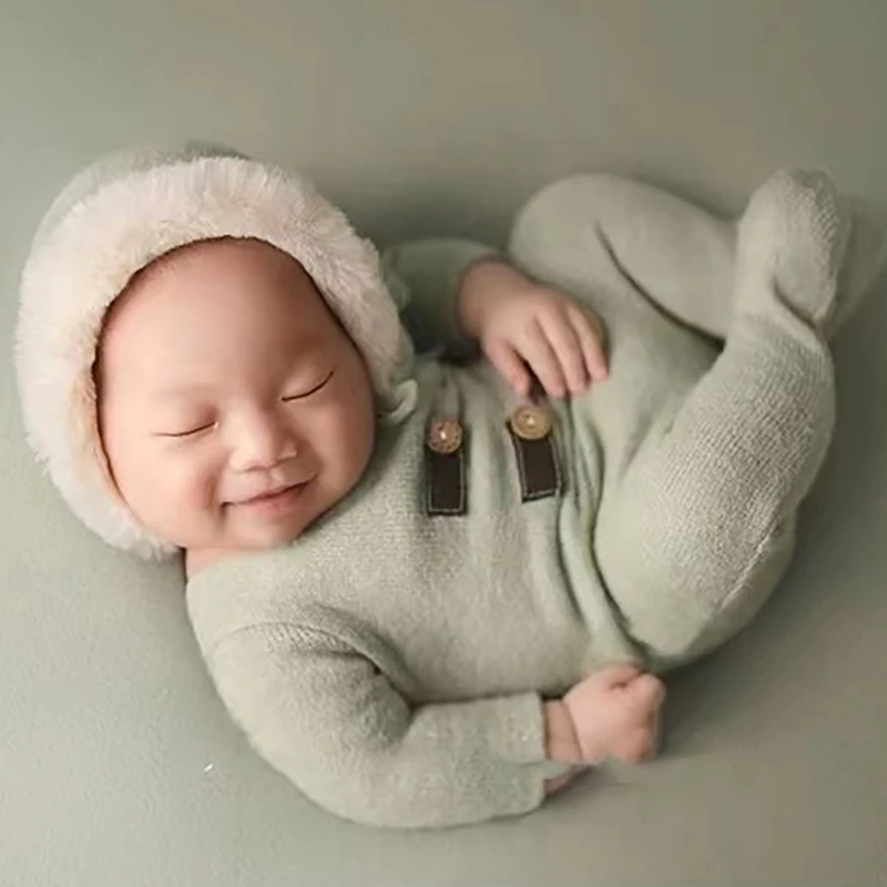 

2pcs/set Newborn Photography Romper & Hat Set Soft & Breathable Infant Jumpsuit with Bonnet Girls Boys Photoshoots Props