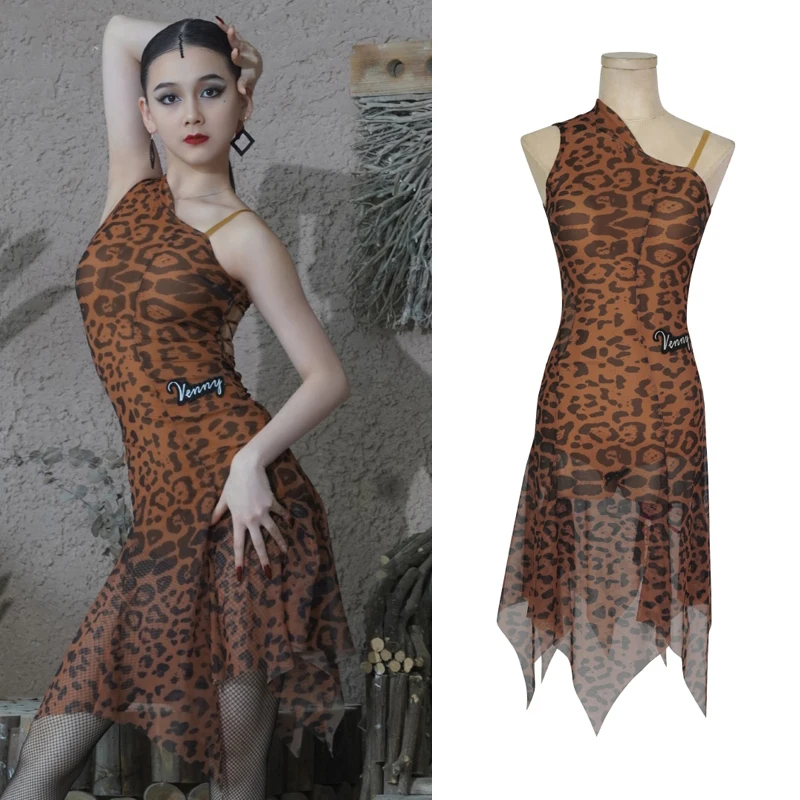 

Женское платье с открытой спиной, летнее платье с леопардовым принтом, платье для латиноамериканских танцев, одежда для выступлений, SL9853