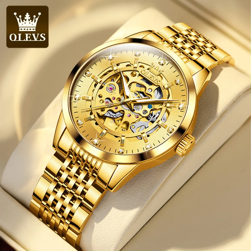 

Механические часы OLEVS мужские, роскошные золотистые светящиеся водонепроницаемые деловые наручные часы из нержавеющей стали