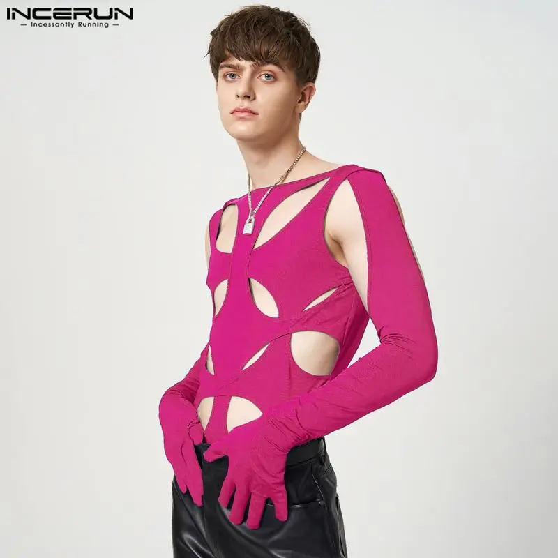 

2024 Men Bodysuits Solid Color Hollow Out Sexy O-neck Gloves Long Sleeve Rompers Streetwear Irregular Bodysuit S-5XL INCERUN