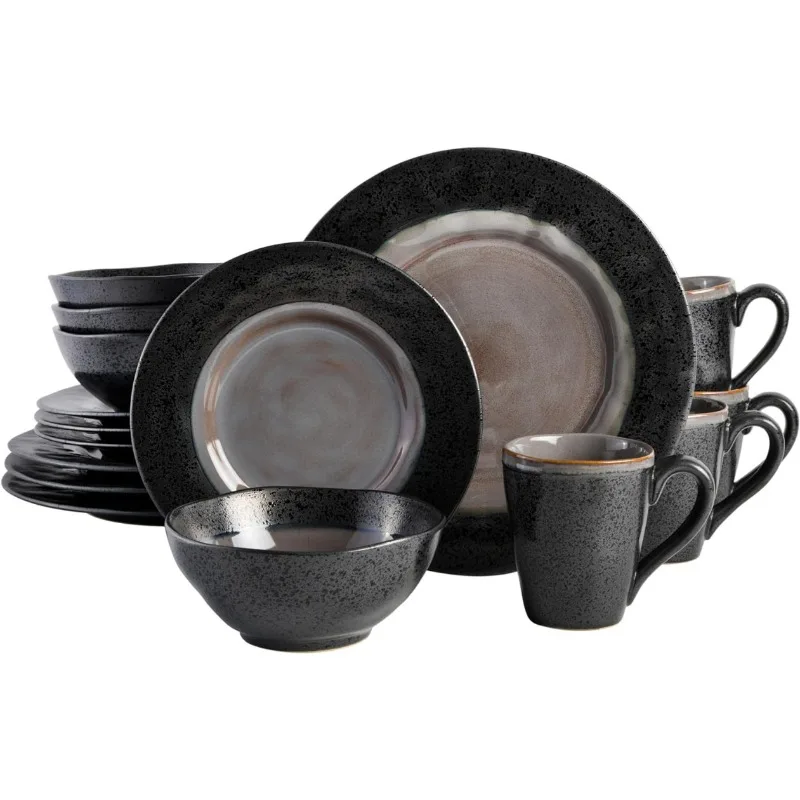

Dragonstone Round Reactive Glaze Stoneware Dinnerware Set, Service for Four (16pcs) Dishes and Plates Sets