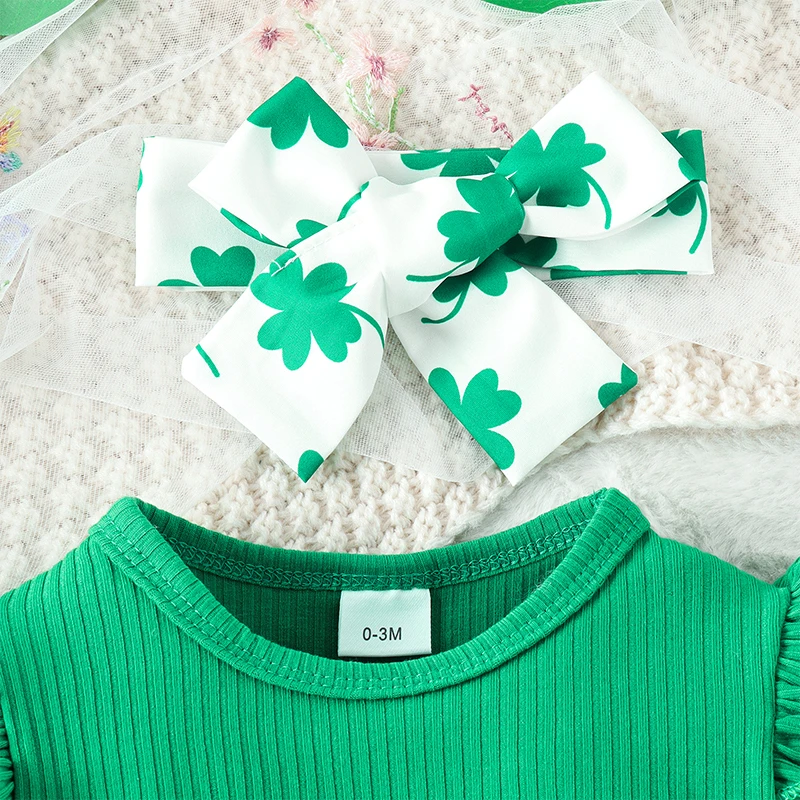 

Newborn Baby Girl St Patricks Day Outfit Shamrock Romper Long Sleeve Suspender Skirt Infant Irish Clothes Dress Set